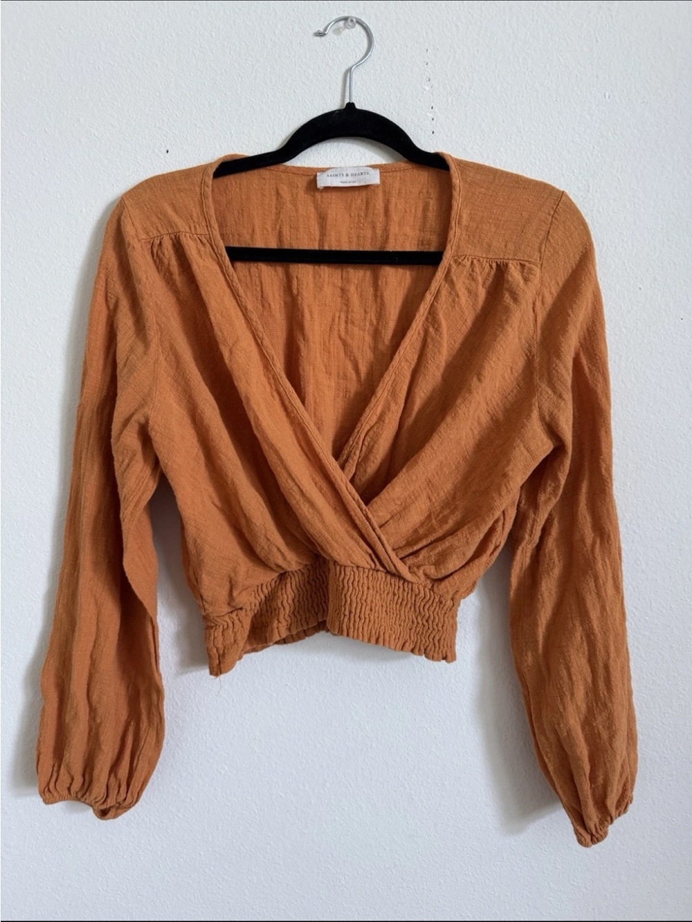 Saints & Hearts Orange Cotton Cropped Long Balloon Sleeve Boho 70s S